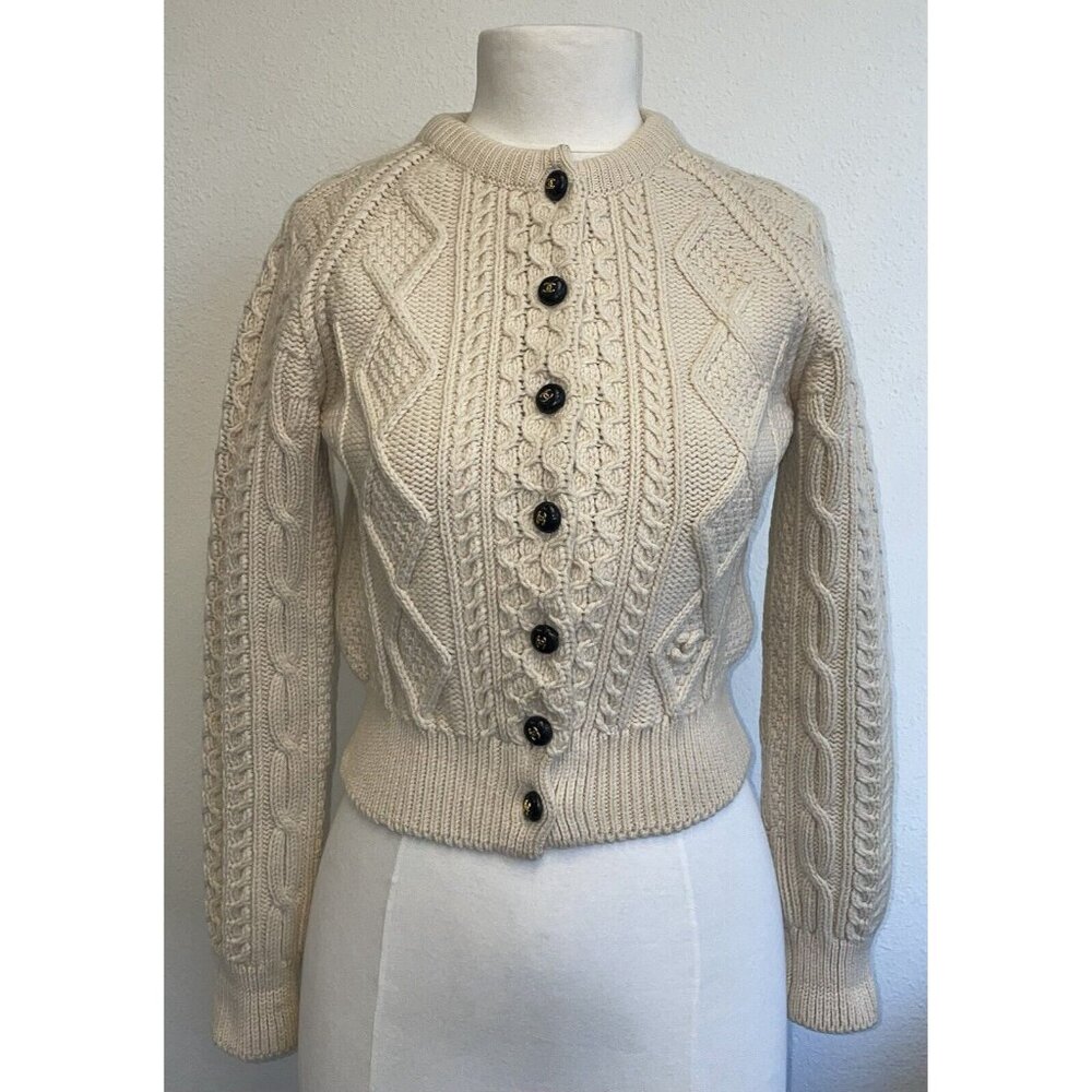 Vintage CHANEL Pure Wool Cable-Knit CC Button Beige Cropped Cardigan Sweater 38